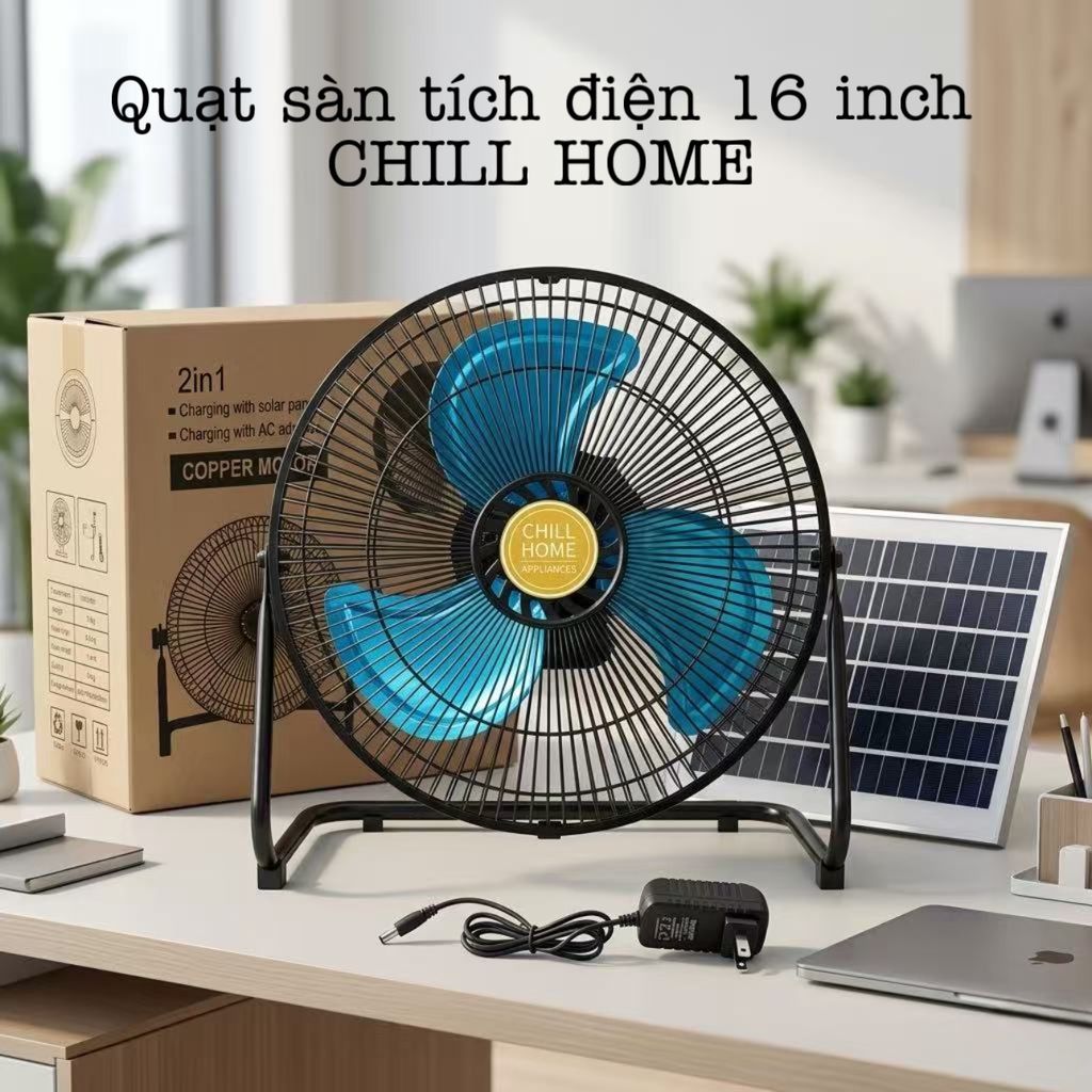 Quạt Sàn Tích Điện Chill Home Pin 4800mAh | Kèm Tấm Pin NLMT, Lồng & Cánh Kim Loại